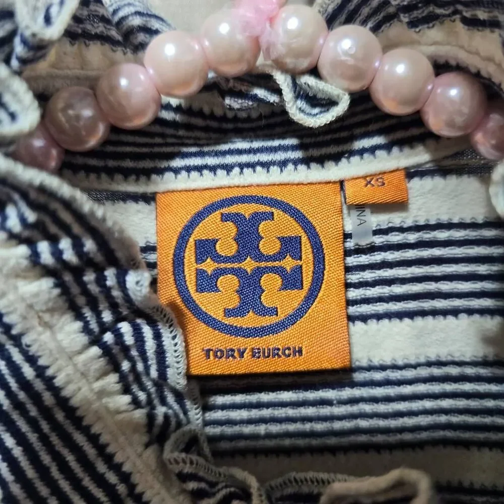 Tory Burch Lidia Ruffle Trim Navy Cream Polo Shirt XS Designer Luxury Preppy